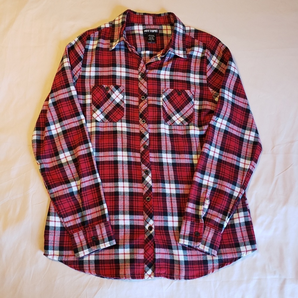 Hot Topic Long Sleeve Red Plaid Button-up